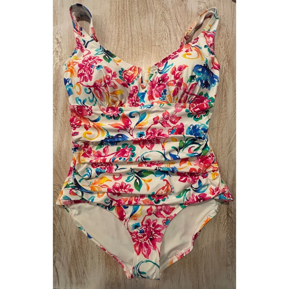 Anne Cole size 16 One Piece Swimsuit Womens Multicolor Floral Shirred - Picture 2 of 6
